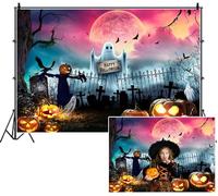 SDOTPMT 1.5x1m Happy Halloween Backdrop Full Pink Moon Jack - o'- lanterns Tombstones Mysterious Mist Iron Fence Bats Photography Background for Spooky Celebrating Festival Decor