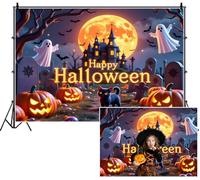 SDOTPMT 1.5x1m Joyful Halloween Greeting Backdrop Cartoon Black Cat Full Orange Moon Ghosts Jack - o'- lanterns Haunted House Photography Background for Spooky Celebrating Festival Decor
