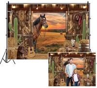 SDOTPMT 1.8x1.2m Charming Western Barn Backdrop Barn Doors Horse Hay Bales Cowboy Boots Hat Guitar Golden Sunset Field Photography Background for Kids Adults Country Party Supplies