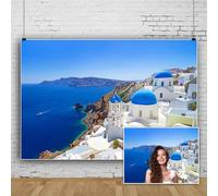 SDOTPMT 1.8x1.2m Greece Santorini Island Backdrop Beautiful Blue Aegean Sea European White Santorini Island Oia Village Photography Background Bridal Shower Honeymoon Decor Background