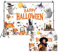 SDOTPMT 1.8x1.2m Happy Halloween Backdrop Adorable Ghosts Black Cat Jack - o'- Lantern Balloon Spider with Witch Hat Cobwebs Photography Background for Spooky Celebrating Festival Decor