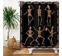 SDOTPMT 105x160cm Funny Skull Shower Curtain Dancing Golden Hilarious Skeleton Halloween Bath Curtain Black Background Bathtub Curtain for Man Bathroom Fabric Polyester Waterproof with Hooks
