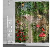 SDOTPMT 105x160cm Magic Forest Shower Curtain Mushroom Fantasy Fairytale Trippy Tree Butterfly Bath Curtain Flower Green Grass Bathtub Curtain for Kids Bathroom Decor Fabric Polyester with Hooks