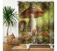 SDOTPMT 105x160cm Magic Mushroom House Shower Curtain Fairy Forest Fantasy Green Grass Bath Curtain Colorful Spring Flowers Bathtub Curtain for Kids Bathroom Polyester Waterproof with Hooks