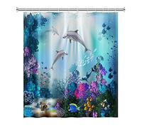 SDOTPMT 105x160cm Ocean Dolphin Shower Curtain Sunbeam Tropical Colorful Fish Bath Curtain Underwater World Marine Animals Bathtub Curtain for Bathroom Fabric Polyester Waterproof with Hooks