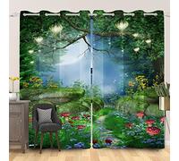 SDOTPMT 107x215cm Magic Forest Window Curtains Fairytale Mushroom Lantern Green Grass Window Drapes Flower Jungle Natural Window Treatment for Kids Living Room Bedroom Blackout Curtain, 2 Panels