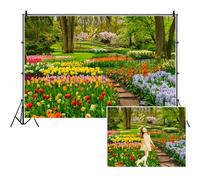 SDOTPMT 10x6.5ft Spring Forest Park Polyester Backdrop Blooming Tulip Flowers Jungle Garden Photography Background Children Spring Outdoor Outing Art Portraits Photo Studio Props Wallpaper
