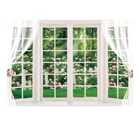 SDOTPMT 10x7ft Spring Window Scenery Polyester Backdrop Sunlight Dreamy Forest Green Grassfield Colorful Hydrangea Floral White Curtain Photography Background for Wedding Bridal Shower Easter Decor