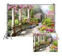 SDOTPMT 10x8ft Spring Beautiful Garden Polyester Backdrop Vintage Garden Architecture Pillars Blooming Flowers Background Outdoor Wedding Portraits Photo Studio Props Wallpaper