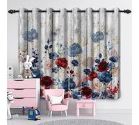 SDOTPMT 117x183cm Rustic Wildflowers Window Curtain Blue Red Floral Watercolor White Plank Window Drapes Countryside Farmhouse Window Treatment for Women Bedroom Decor Blackout Curtains,2 Panels