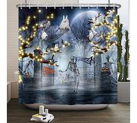SDOTPMT 120x180cm Funny Skull Shower Curtain Scary Night Moon Gothic Haunted House Pumpkin Courtyard Door Bath Curtain Halloween Themed Bathtub Curtain for Bathroom Decor Polyester with Hooks