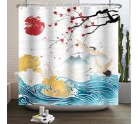 SDOTPMT 120x180cm Japanese Shower Curtains Japan Ocean Fuji Mountain Red Sun Cherry Blossoms White Crane Asian Japanese Traditional Ukiyo-e Art Bathroom Curtains with Hooks