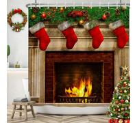 SDOTPMT 122x183cm Christmas Fireplace Shower Curtain Merry Red Socks Pine Tree Leaf Bath Curtain Vintage Brick Winter Bathtub Curtain for Bathroom Decor Fabric Polyester with Hooks
