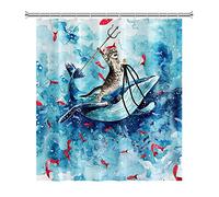 SDOTPMT 122x183cm Funny Cat Shower Curtain Cute Cat Riding Whale Ocean Wave Bath Curtain Cartoon Red Fish Blue Bathtub Curtain for Kids Bathroom Decor Fabric Polyester Waterproof with Hooks