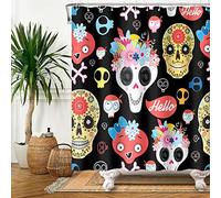 SDOTPMT 122x183cm Gothic Sugar Skull Shower Curtain Funny Cartoon Human Skeleton Flower Bath Curtain Day of The Dead Mexico Black Bathtub Curtain for Teen Bathroom Polyester Waterproof with Hooks