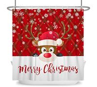 SDOTPMT 140x183cm Cute Cartoon Reindeer with Red Hat Shower Curtain Merry Christmas Festive Red Grids Bath Curtain Winter Holiday Snowflakes Shower Curtain for Kids Bathroom Polyester with Hooks