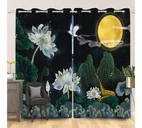 SDOTPMT 140x229cm Abstract Mountain Painting Window Curtain Magic White Lotus Green Lotus Leaves Golden Moon Window Drapes Classic Natural Curtain Thermal Insulated Blackout Curtain, 2 Panels