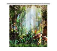 SDOTPMT 150x180cm Fairytale Mushroom Shower Curtain Magic Fantasy Forest Jungle Tree Bath Curtain Green Lawn Plant Leaf Floral Bathtub Curtain for Bathroom Decor Fabric Polyester with Hooks