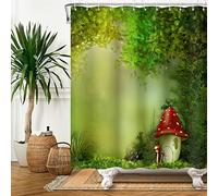 SDOTPMT 150x180cm Magic Forest Shower Curtain Fairytale Mushroom Fantasy Jungle Tree Bath Curtain Green Plant Grassland Leaf Bathtub Curtain for Bathroom Decor Fabric Polyester with Hooks