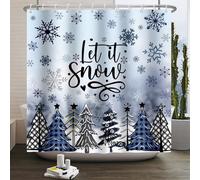 SDOTPMT 165x180cm Cartoon Christmas Shower Curtain “Let it Snow” Lettering with Snowflakes Trees Blue, Black White Winter Design Waterproof Polyester Fabric Charming Holiday Bathroom Decor
