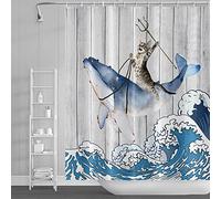 SDOTPMT 165x183cm Funny Cat Riding Whale Shower Curtain Vintage Wood Floor Japanese Sea Ocean Wave Bath Curtain Cute Cartoon Bathtub Curtain for Children Bathroom Polyester Waterproof with Hooks