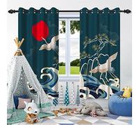 SDOTPMT 168x229cm Hokusai Ukiyoe Crane Window Drapes Japanese Wave Flying Crane Cherry Blossom Window Curtain Red Sun Green Background Window Treatment for Bedroom Decor Blackout Curtains,2 Panels