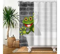SDOTPMT 180x180cm Cartoon Frog Shower Curtain Cute Funny Frog with Greater Eye Animal Bath Curtain Grey Brick Wall White Bathtub Curtain for Kids Bathroom Fabric Polyester Waterproof with Hooks