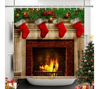 SDOTPMT 180x180cm Christmas Fireplace Shower Curtain Merry Red Socks Pine Tree Leaf Bath Curtain Vintage Brick Winter Bathtub Curtain for Bathroom Decor Fabric Polyester with Hooks