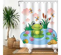 SDOTPMT 180x180cm Cute Frog Shower Curtain Cartoon Frog on Lotus Leaf Pond Flower Dragonfly Bath Curtain Summer Animal White Bathtub Curtain for Kids Bathroom Polyester Waterproof with Hooks