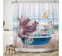 SDOTPMT 180x180cm Cute Hippo Showering Shower Curtain Funny Cartoon Animal Seaside Scenery Bath Curtain Modern Fashion Bathroom Curtain for Kids Bathroom Decor Waterproof Fabric with Hooks