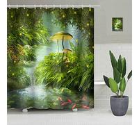 SDOTPMT 180x180cm Fairy Forest Shower Curtain Magic Fantasy Mushroom Green Grass Tree Leaves Bath Curtain Zen River Trippy Bathtub Curtain for Child Bathroom Decor Polyester Waterproof with Hooks