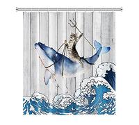 SDOTPMT 180x180cm Funny Cat Riding Whale Shower Curtain Vintage Wood Floor Japanese Sea Ocean Wave Bath Curtain Cute Cartoon Bathtub Curtain for Children Bathroom Polyester Waterproof with Hooks