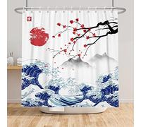 SDOTPMT 180x180cm Japanese Mount Fuji Shower Curtain Cherry Blossom Sunset Asian Ink Painting Bath Curtain Wave Landscape Painting Bathtub Curtain for Bathroom Decor Fabric Waterproof with Hooks