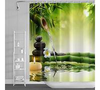 SDOTPMT 180x180cm Spa Bamboo Shower Curtain Green Leaves Aromatic Candles Water Therapy Floral Bath Curtain Zen Meditation Basalt Stones Bathtub Curtain for Bathhouse Fabric Polyester with Hooks