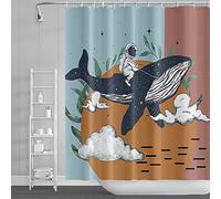 SDOTPMT 180x180cm Spaceman Whale Shower Curtain Cartoon Cute Astronaut Sea Animal Bath Curtain Abstract Circle Square Pattern Bathtub Curtain for Bathroom Fabric Polyester Waterproof with Hooks