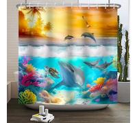 SDOTPMT 180x180cm Summer Ocean Shower Curtain Sharks Turtle Corals Under The Sea Whales Seagulls Evening Sun Palm Tree over the Ocean Bathtub Curtain for Bathroom Decor Fabric Polyester with Hooks