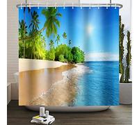 SDOTPMT 180x180cm Summer Palm Ocean Tropical Islands Beach Shower Curtain Travel Nature Photography Home Postcard Bathroom Curtain Leisure Traveler Explorer Fabric Waterproof Bath Curtain with Hooks