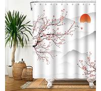 SDOTPMT 180x198cm Asian Cherry Blossom Shower Curtain Japanese Mount Fuji Peach Blossom Branch Bathtub Curtain Sunrise Mist Bathroom curtain for Bathroom Decor Fabric Waterproof with Hooks