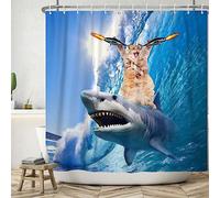 SDOTPMT 180x198cm Funny Cute Cat Shark Shower Curtain Blue Ocean Wave Bathtub Curtian Summer Cartoon Painting Bath Curtain for Kids Bathroom Decor Polyester with Hooks