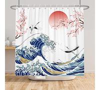 SDOTPMT 180x198cm Wave Shower Curtain Asian Cherry Blossom Ink Painting Bath Curtain Soaring Wild Goose Landscape Painting Bath Curtain for Bathroom Decor Fabric Waterproof with Hooks