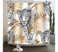 SDOTPMT 180x213cm African Safari Leopard Shower Curtain Fierce Wild Animal White Bathtub Curtain Wildlife Themed Gold Leaves Print Bath Curtain for Boys Bathroom Decor Polyester with Hooks