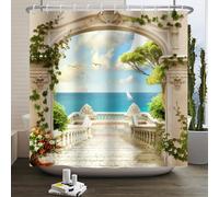 SDOTPMT 180x213cm Italian Seaside Scenic Shower Curtain Garden Architecture Pillars Blooming Flowers Bath Curtain Ocean Photo Wedding Bathtub Curtain for Women Bathroom Decor with Hooks