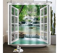 SDOTPMT 180x213cm Window View Shower Curtain Spring Waterfall Trees Natural Scenery Wilderness Landscape Bath Curtain White Window Picture Modern Art Fabric Waterproof Bathroom Curtain with Hooks
