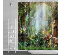 SDOTPMT 180x240cm Fairytale Mushroom Shower Curtain Magic Fantasy Forest Jungle Tree Bath Curtain Green Lawn Plant Leaf Floral Bathtub Curtain for Bathroom Decor Fabric Polyester with Hooks