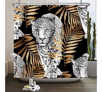 SDOTPMT 180x243cm African Safari Leopard Shower Curtain Fierce Wild Animal Black Bathtub Curtain Wildlife Themed Gold Leaves Print Bath Curtain for Boys Bathroom Decor Polyester Fabric with Hooks