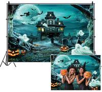 SDOTPMT 2.2x1.5m Spooky Halloween Backdrop Mansion Haunted Full Moon Bats Ghosts Jack - o'- lanterns Fog Ancient Trees Green Photography Background for Celebrating Holiday Decor Eerie Atmosphere