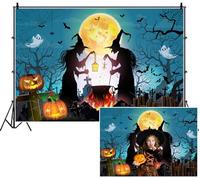 SDOTPMT 2.5x1.8m Halloween Witchy Backdrop Witches Silhouetted by Full Moon Jack - o'- lanterns Tombstones Cobwebs Bats Ghosts Spooky Trees Photography Background for Celebrating Festival Decor