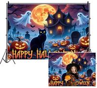 SDOTPMT 2.5x1.8m Happy Halloween Backdrop Haunted House Black Cat with Glowing Eyes Full Orange Moon Ghosts Jack - o'- lanterns Photography Background for Spooky Celebrating Festival Decor