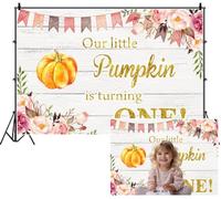 SDOTPMT 2.5x1.8m Our Little Pumpkin is Turning ONE Backdrop Glittery Gold Watercolor Pink Peach Flowers Whitewashed Wood Photography Background for First Birthday Shoots Sweet Festive Atmosphere