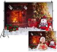 SDOTPMT 2.7x1.8m Cozy Christmas Backdrop Brick Fireplace with Stockings Gifts Snow Festive Santa Palm Tree Photography Background for Children Holiday Party Shoots Props Decor